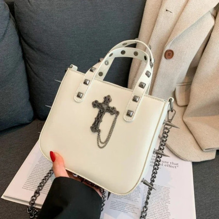 Sac à Main Gothique - Croix Noire & Chaînes Sacrées Couleur blanc