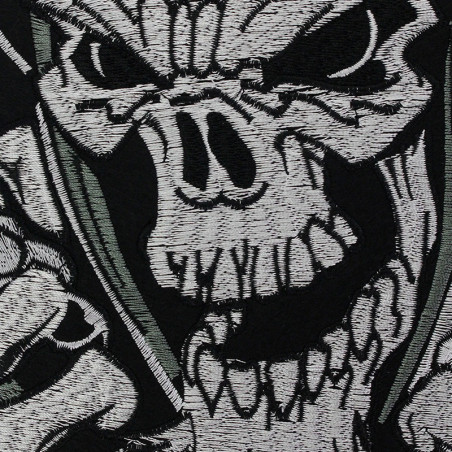 Vue détaillée Patch Brodé Tête de Mort Biker "Poings de l'Enfer" 31.2 cm x 25.5 cm