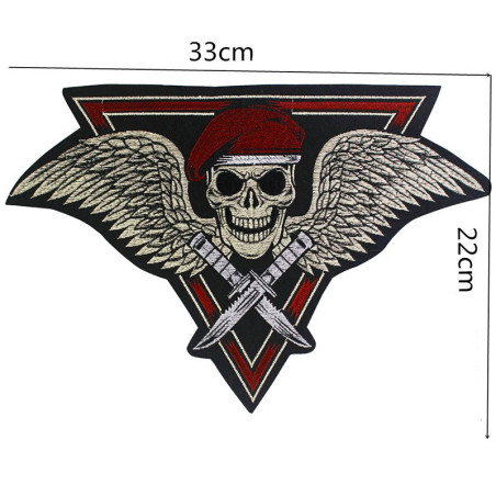 Dimensions Patch Brodé Tête de Mort Militaire "Ailes du Commando" - 33 cm x 22 cm