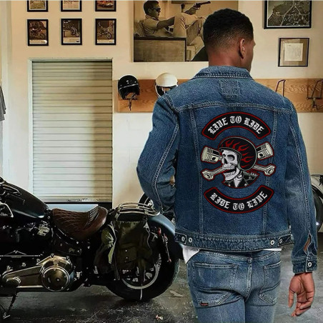 Vue Portée Patch Brodé Tête de Mort Biker "Live to Ride" - Grande Taille !