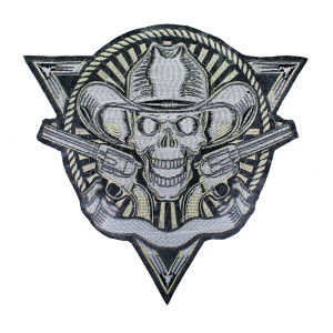 Vue Arrière Patch Brodé Tête de Mort Western "Cowboy de l’Au-Delà" - 32.5 cm x 32.4 cm