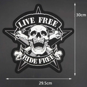 Dimensions Patch Brodé Tête de Mort Biker – "Live Free, Ride Free" - 30 cm x 29.5 cm