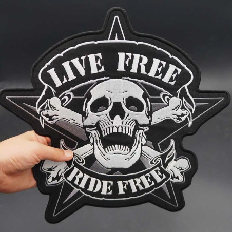 Avant Patch Brodé Tête de Mort Biker – "Live Free, Ride Free" - 30 cm x 29.5 cm