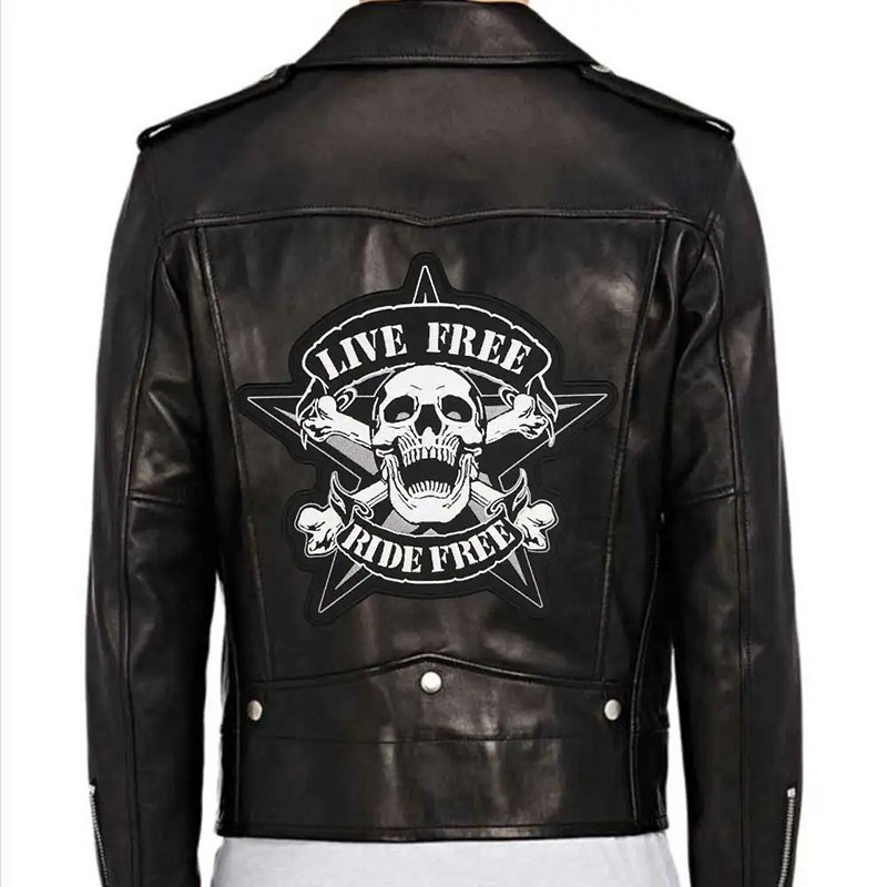 Patch Brodé Tête de Mort Biker – "Live Free, Ride Free" - 30 cm x 29.5 cm