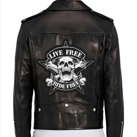 Patch Brodé Tête de Mort Biker – "Live Free, Ride Free" - 30 cm x 29.5 cm