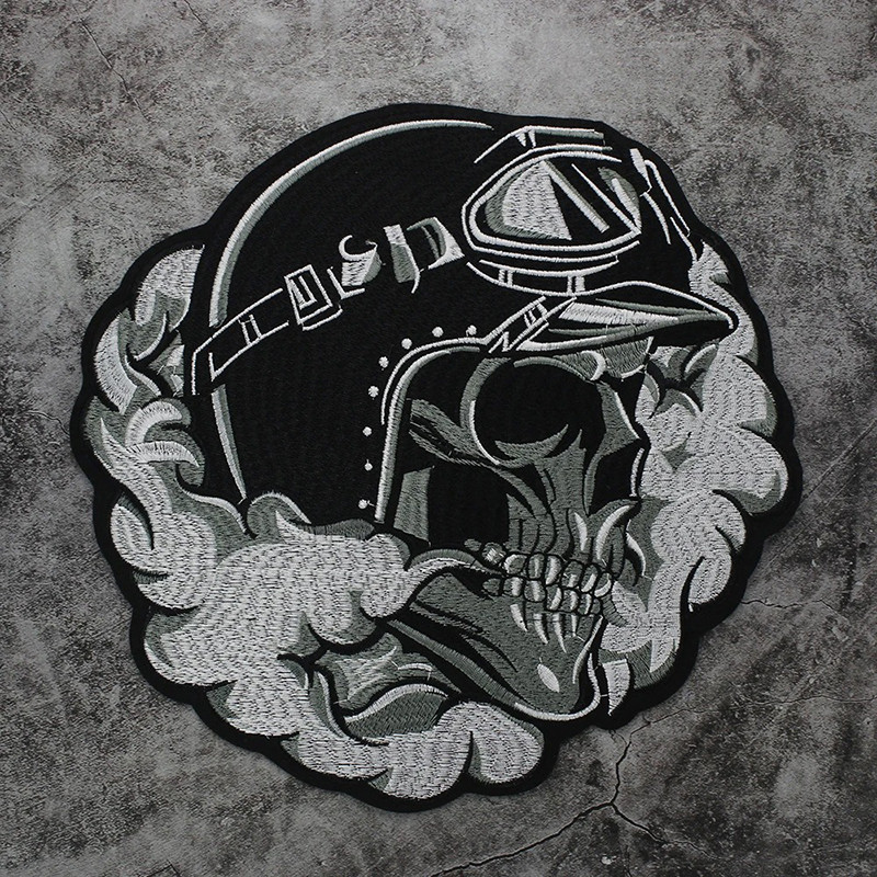 Avant Patch Brodé Tête de Mort Biker "Crâne Fumant" - 27 cm x 27 cm