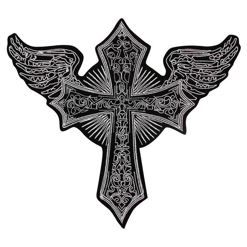 Vue Arrière  Patch Brodé Gothique – Croix Ailée "Symbole d’Ascension Noire" - 28.5 cm x 26 cm