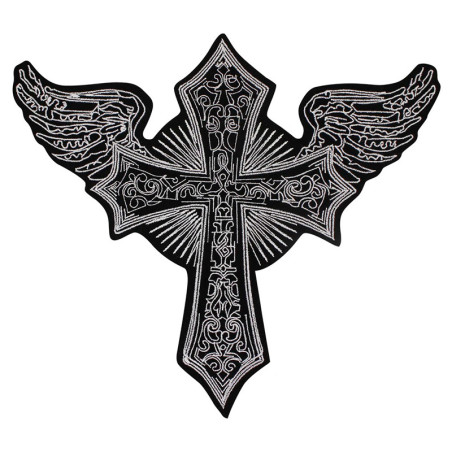 Vue Arrière  Patch Brodé Gothique – Croix Ailée "Symbole d’Ascension Noire" - 28.5 cm x 26 cm