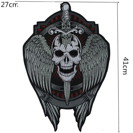 Dimensions Patch Brodé Tête de Mort Ailé "Lame du Jugement" - 27 cm x 41 cm