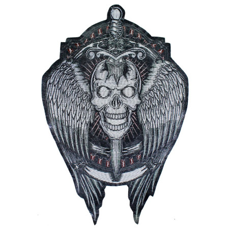 Vue Arrière Patch Brodé Tête de Mort Ailé "Lame du Jugement" - 27 cm x 41 cm