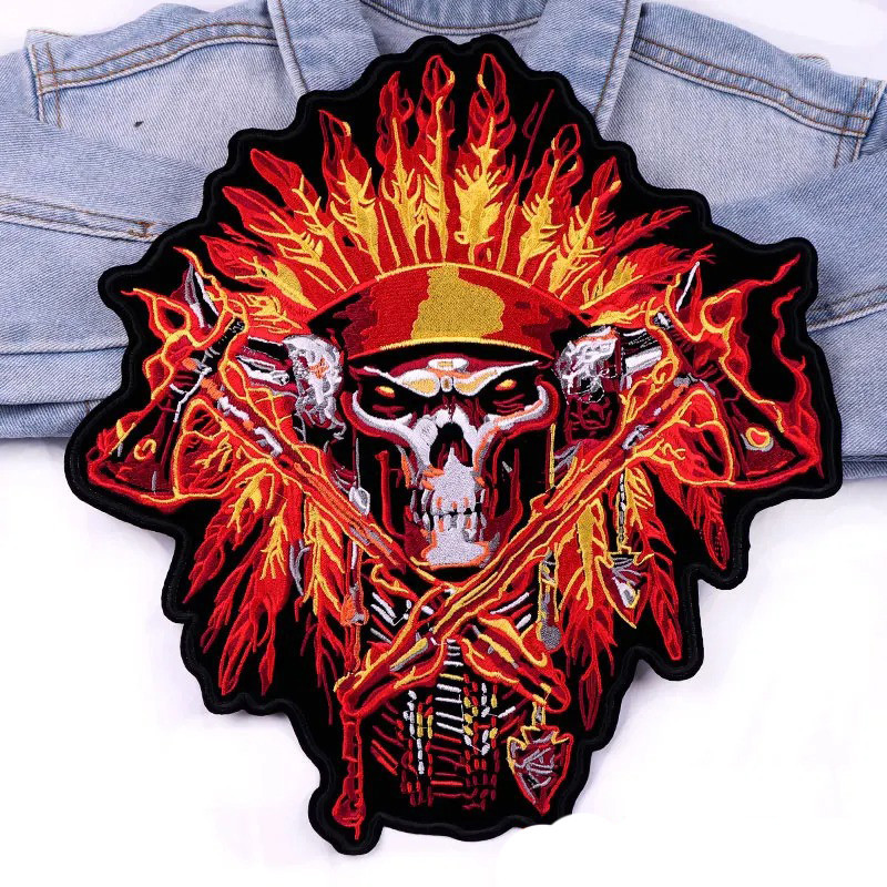 Patch Brodé Tête de Mort "Chef de Guerre Infernal" - 33.5 cm x 28.5 cm