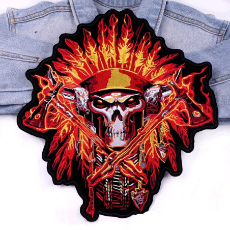 Patch Brodé Tête de Mort "Chef de Guerre Infernal" - 33.5 cm x 28.5 cm