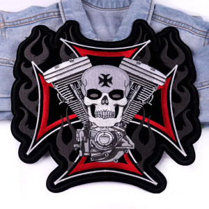 Patch Tête de Mort Biker "Croix du Feu Mécanique" - 25 cm x 27 cm