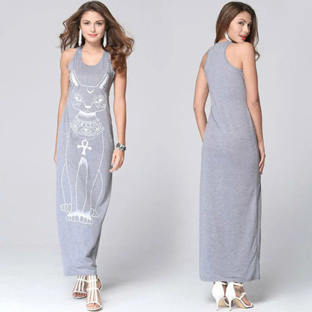 Robe d'été longue chat égyptien - couleur gris