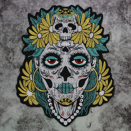Avant Écusson Tête de Mort Mexicaine "Calavera Fleurie Mystique" - 32.2 cm x 25 cm