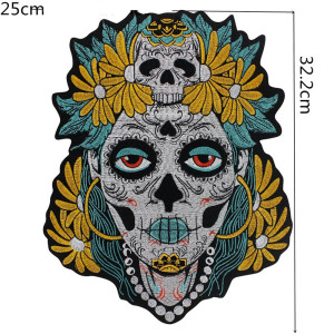 Dimensions Écusson Tête de Mort Mexicaine "Calavera Fleurie Mystique" - 32.2 cm x 25 cm
