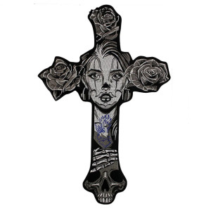 Écusson Tête de Mort Gothique "Croix Mortelle aux Roses Noires" - 30 cm x 47 cm