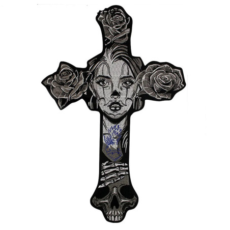 Écusson Tête de Mort Gothique "Croix Mortelle aux Roses Noires" - 30 cm x 47 cm