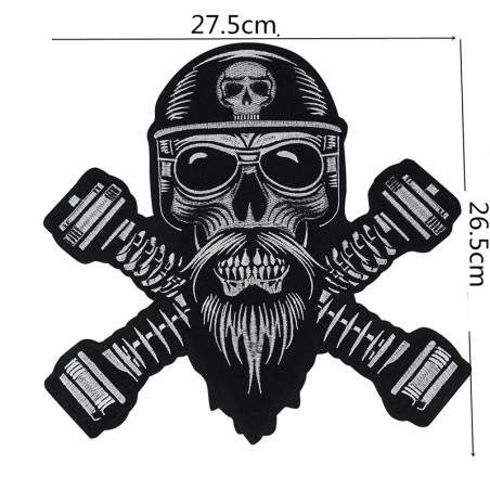 Dimensions Écusson Tête de Mort Biker "Crâne Barbu Mécanique" - 27.5 cm x 26.5 cm
