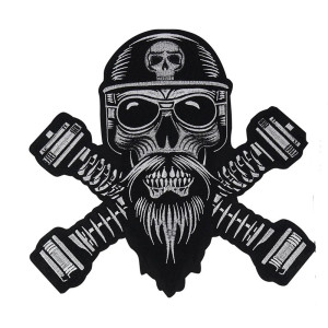 Écusson Tête de Mort Biker "Crâne Barbu Mécanique" - 27.5 cm x 26.5 cm