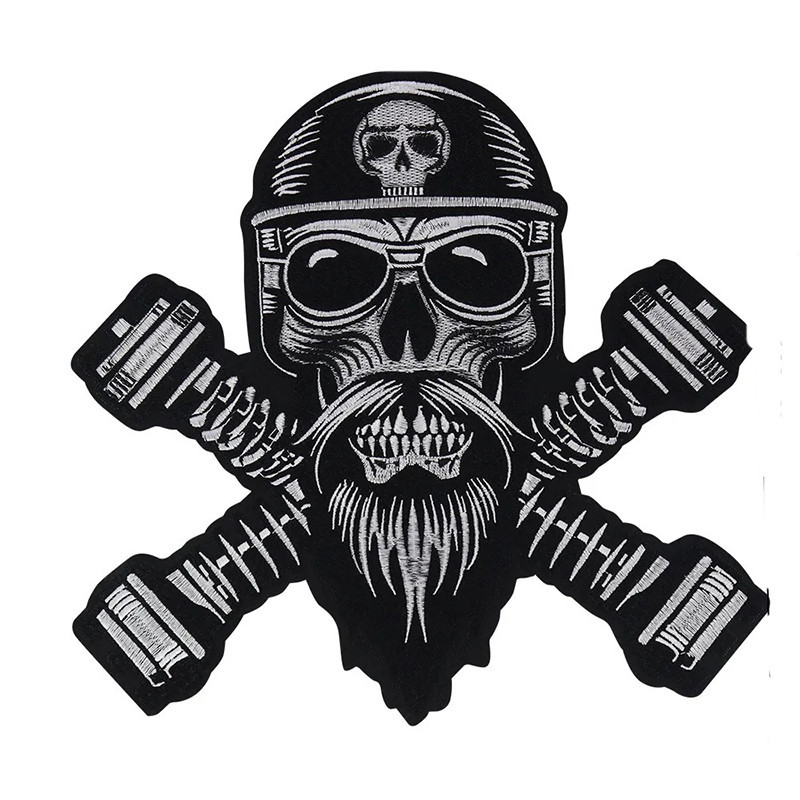 Écusson Tête de Mort Biker "Crâne Barbu Mécanique" - 27.5 cm x 26.5 cm