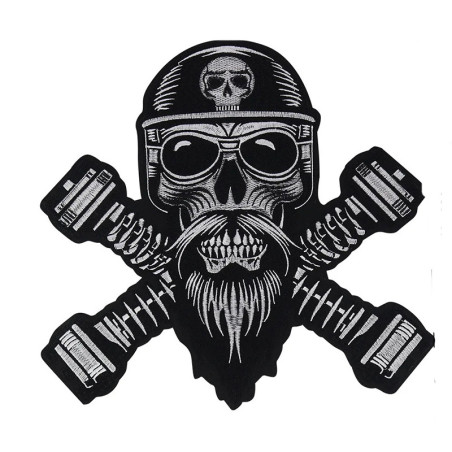Écusson Tête de Mort Biker "Crâne Barbu Mécanique" - 27.5 cm x 26.5 cm