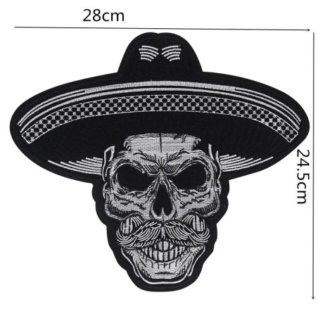 Dimensions Écusson Tête de Mort Sombrero "Crâne Mexicain Barbu"  - 28 cm x 24.5 cm
