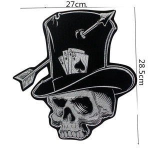Dimensions Écusson Tête de Mort Chapeau Haut-de-Forme "Crâne Fléché & Cartes du Diable" - 27 cm x 28.5 cm