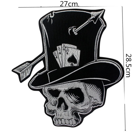 Dimensions Écusson Tête de Mort Chapeau Haut-de-Forme "Crâne Fléché & Cartes du Diable" - 27 cm x 28.5 cm
