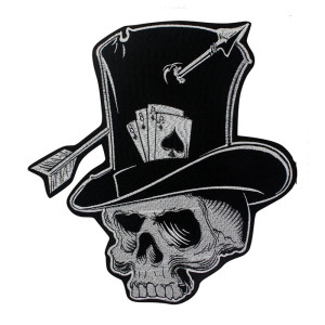 Écusson Tête de Mort Chapeau Haut-de-Forme "Crâne Fléché & Cartes du Diable" - 27 cm x 28.5 cm