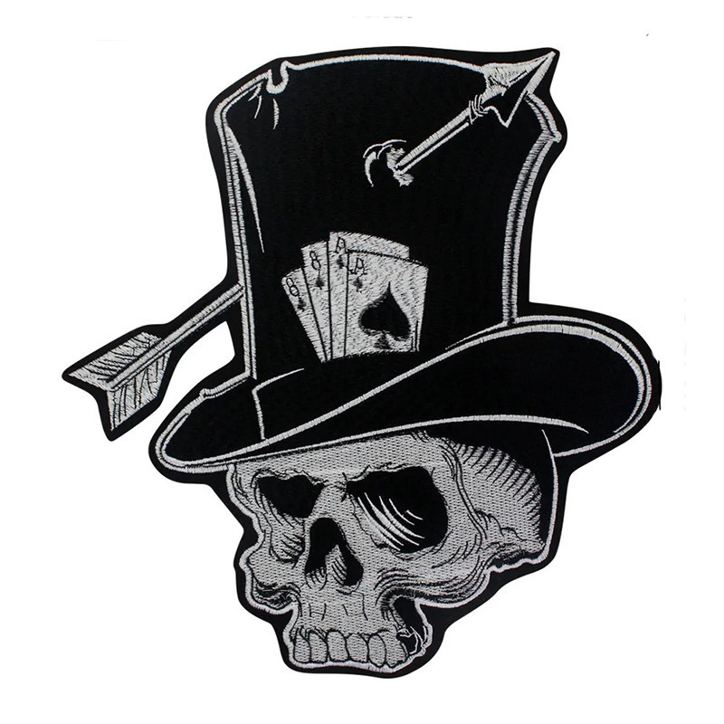 Écusson Tête de Mort Chapeau Haut-de-Forme "Crâne Fléché & Cartes du Diable" - 27 cm x 28.5 cm