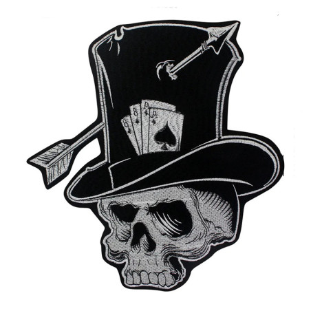 Écusson Tête de Mort Chapeau Haut-de-Forme "Crâne Fléché & Cartes du Diable" - 27 cm x 28.5 cm