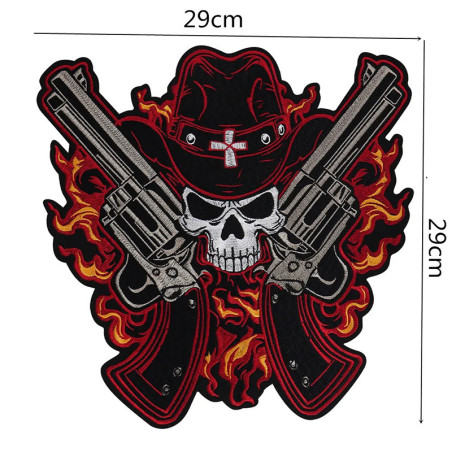 Dimensions Écusson Tête de Mort Cowboy "Crâne Pistolero en Flammes" - 29 cm  x 29 cm