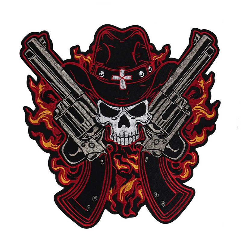 Écusson Tête de Mort Cowboy "Crâne Pistolero en Flammes" - 29 cm  x 29 cm