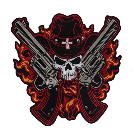 Écusson Tête de Mort Cowboy "Crâne Pistolero en Flammes" - 29 cm  x 29 cm