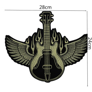 Dimensions Écusson Rock "Guitare Ailée & Flammes Noires" - 28 cm x 24 cm