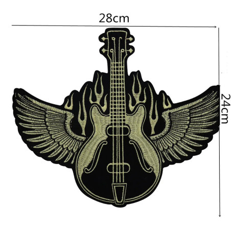 Dimensions Écusson Rock "Guitare Ailée & Flammes Noires" - 28 cm x 24 cm