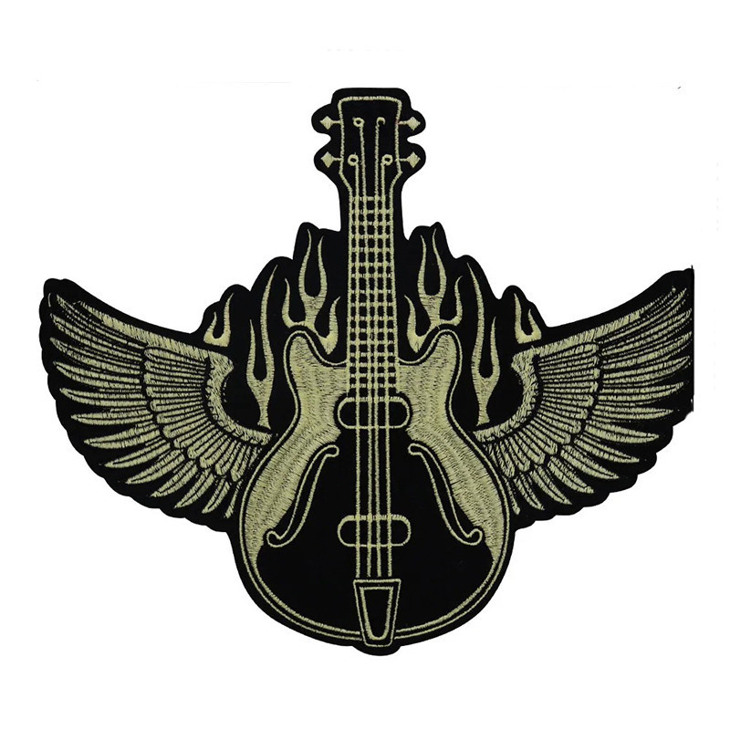 Écusson Rock "Guitare Ailée & Flammes Noires" - 28 cm x 24 cm