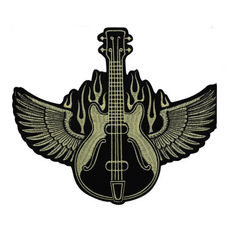 Écusson Rock "Guitare Ailée & Flammes Noires" - 28 cm x 24 cm