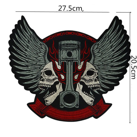 Dimensions Écusson Biker "Crânes Ailés & Piston de Feu" -  27.5 cm x 20.5 cm