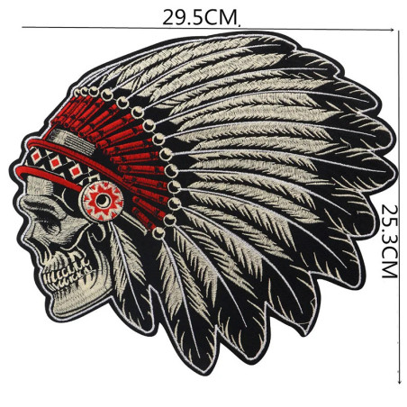 Dimensions Patch Tête de Mort Amérindien "Chef de Guerre Squelettique"
