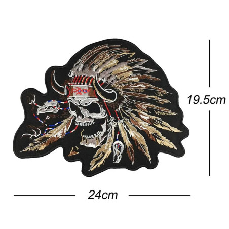 Dimensions Écusson Tête de Mort Chef Indien "Chef de Guerre aux Plumes d'Ébène" - 24 cm x 19.5 cm