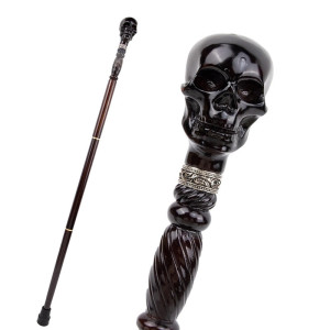 Canne de Marche Gothique – Poignée Sculptée Tête de Mort Noire