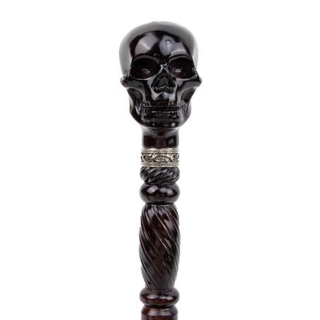 Vue de face Canne de Marche Gothique – Poignée Sculptée Tête de Mort Noire