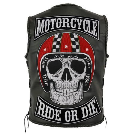 Bandeau Motard Fait Main - Noir Gris Crâne Roses Rouges Strass Hotfix
