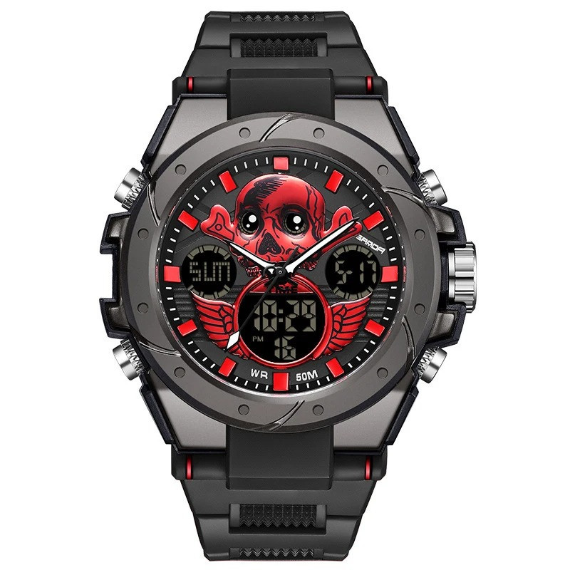 Montre Tête de Mort Sport "Crâne Ailé" Multifonction & Étanche Couleur Rouge