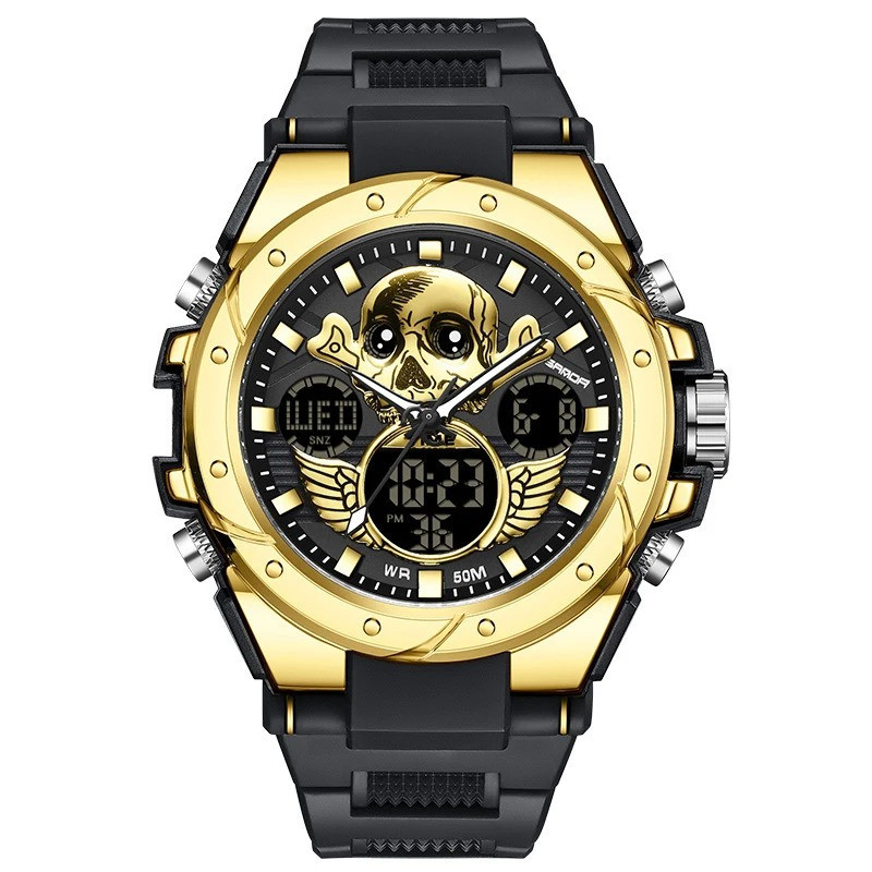 Montre Tête de Mort Sport "Crâne Ailé" Multifonction & Étanche Couleur or