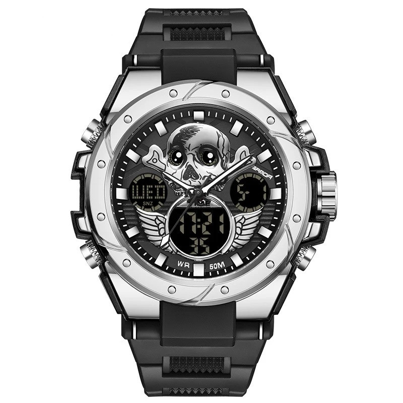 Montre Tête de Mort Sport "Crâne Ailé" Multifonction & Étanche Couleur Argent