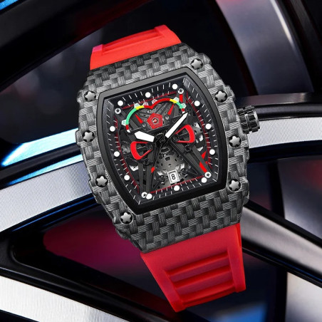Montre Tête de Mort "Carbone Infernal"  Design Futuriste Couleur rouge