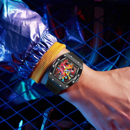 Vue Portée Montre Artistique "Explosion Chromatique" Design Abstrait & Audacieux - 3 couleurs au choix !